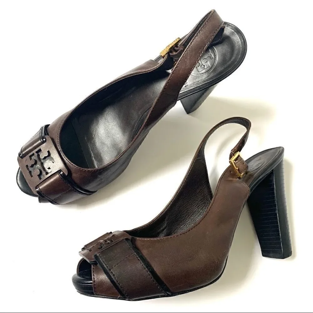 Tory Burch Leather Peep Toe Logo Heels Pumps